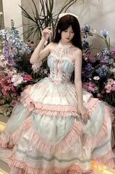 Robe Lolita douce à lacets en dentelle avec nœud à volants et licou multicolore sirène